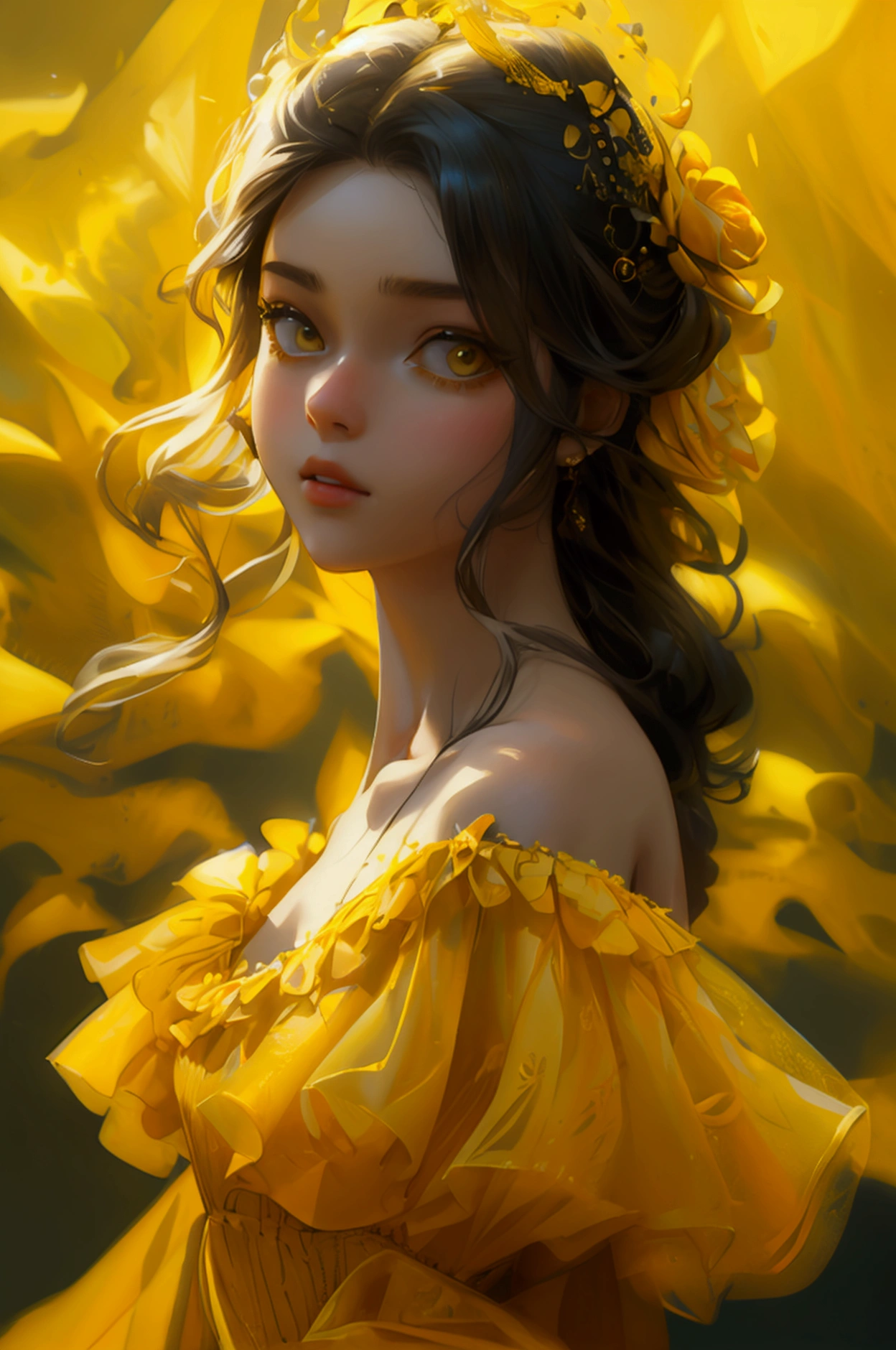  a beautiful girl in yellow dress, yellow background, yellow full body dress, full character, beautiful fantasy girl, 