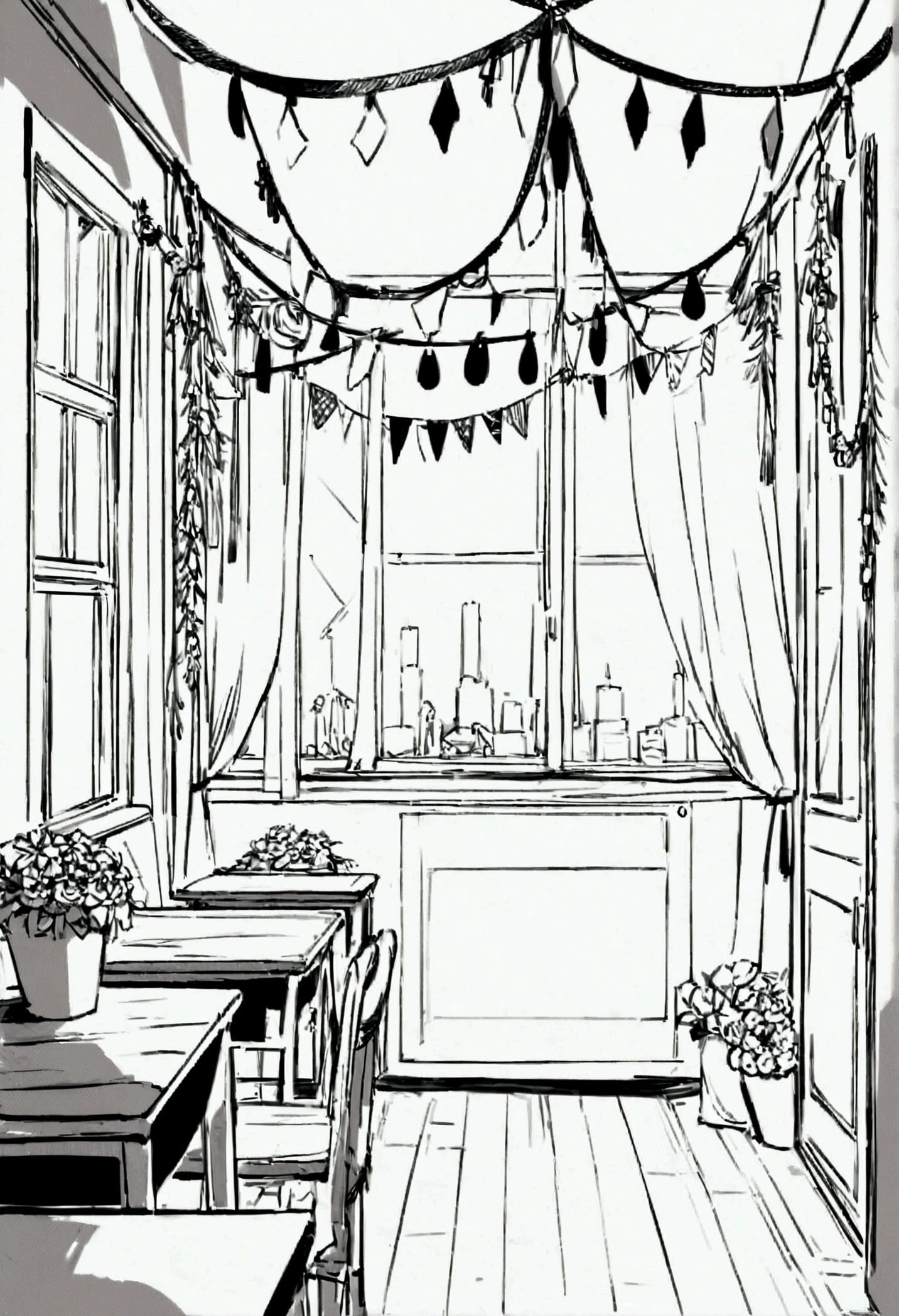 Create a line art illustration of an empty classroom interior with only windows and chalkboard festively decorated with DIY, affordable materials. The room features paper flowers, tassel garlands, banners, candlesticks, sparkling garlands, bandana banners, DIY bunting, a paper chain backdrop, and tissue paper pom-poms. The chalkboard is decorated with cheerful drawings and framed with garlands. Emphasize the handcrafted, simple yet beautiful decorations, ensuring the room is filled with festive details. No people should be present, decorations everywhere,No desk and chairs and the image should be in line art,sketch without color.