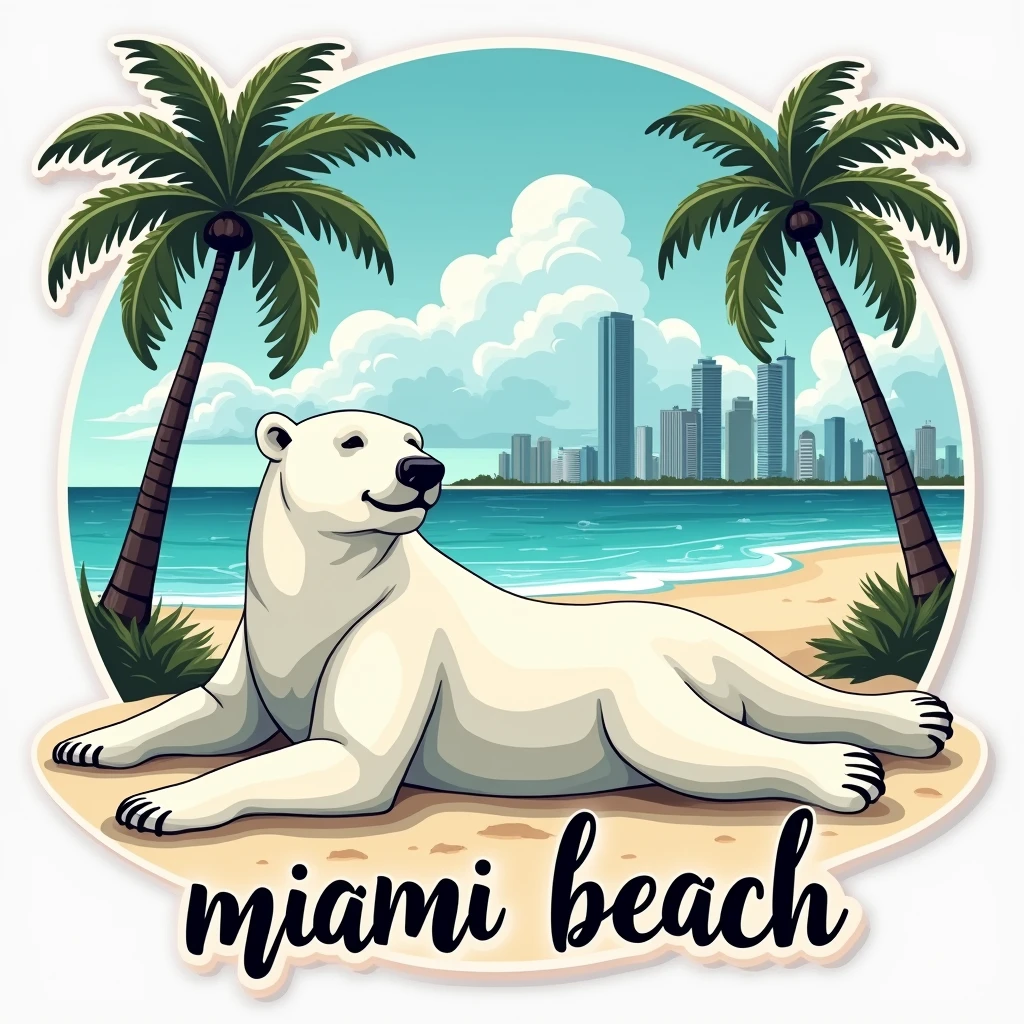 Sticker, Polar bear on Miami beach, caption "Miami Beach", Vector, White background, Detailed