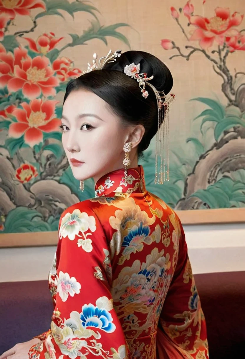 The empress of the Qing Dynasty is wearing a red floral patterned dress, completely naked, with her profile showing and her buttocks sticking out, posing in the luxurious palace of the empress of the Qing Dynasty.