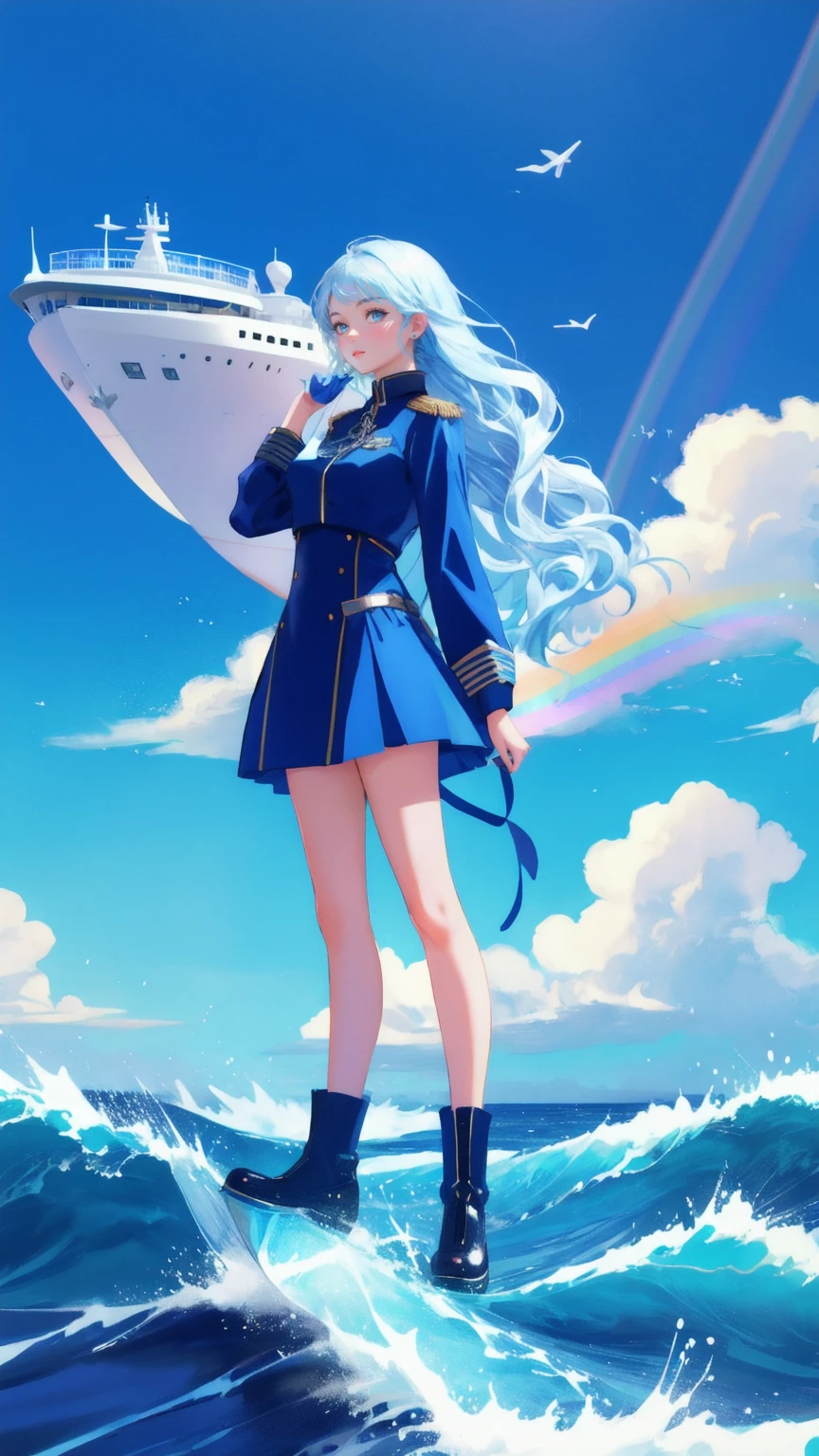 Design an image with a blue background for a scene named 'Early Adopter's Cruiser.' The focal point should be a beautiful, cute girl in a captain's uniform, confidently standing on the deck of a grand cruise ship. Surround the ship with sparkling bitcoins that are spreading through the air and across the ocean waves. Include a colorful rainbow trailing behind the ship, representing the journey of early adopters in the crypto world."