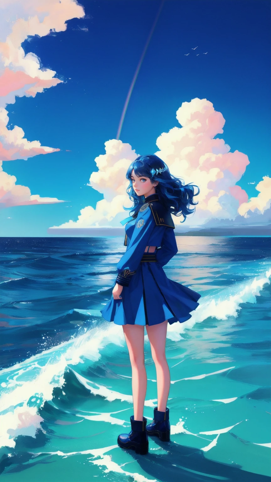Design an image with a blue background for a scene named 'Early Adopter's Cruiser.' The focal point should be a beautiful, cute girl in a captain's uniform, confidently standing on the deck of a grand cruise ship. Surround the ship with sparkling bitcoins that are spreading through the air and across the ocean waves. Include a colorful rainbow trailing behind the ship, representing the journey of early adopters in the crypto world."