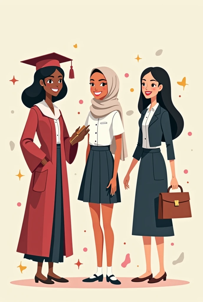 Three women cartoon with white skin tone,
one on the left wearing a graduation uniform (Black hair),
one in the middle wearing a white Highschool uniform with including a hijab
and one on the right wearing an office worker uniform (Black hair)