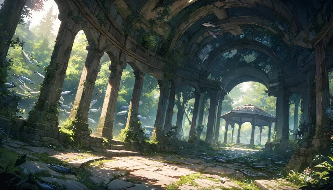 (absurd, mackerel), very detailed, best quality, high quality, break, soft lighting, falsetto, soft shading, break, Abandoned Ancient Garden, lush stone arch, The silent pavilion, break, Wide-angle shooting, A silent road, painting,