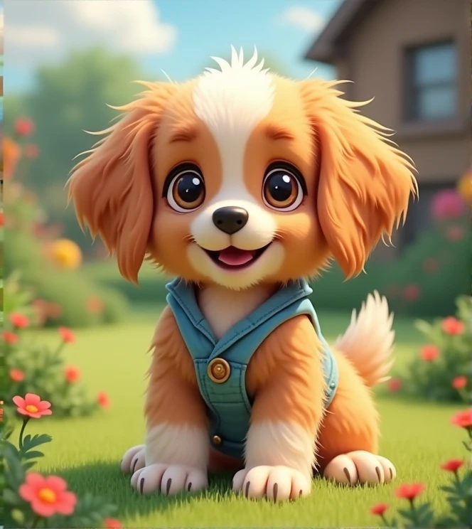 Imagine a lifelike puppy with humorous exaggerated features, oversized, wearing cute clothes, bright eyes and curiosity, smiling, positive image, smiling puppy, Disney style, capturing natural textures, and although its little PAWS are slightly larger, they are cuter. The background is a simple garden with an emphasis on natural colors and some greenery, creating bright colors, long-haired puppies, and fluffy