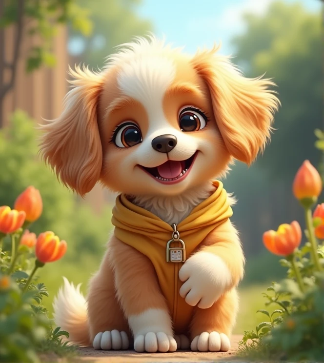 Imagine a lifelike puppy with humorous exaggerated features, oversized, wearing cute clothes, bright eyes and curiosity, smiling, positive image, smiling puppy, Disney style, capturing natural textures, and although its little PAWS are slightly larger, they are cuter. The background is a simple garden with an emphasis on natural colors and some greenery, creating bright colors, long-haired puppies, and fluffy