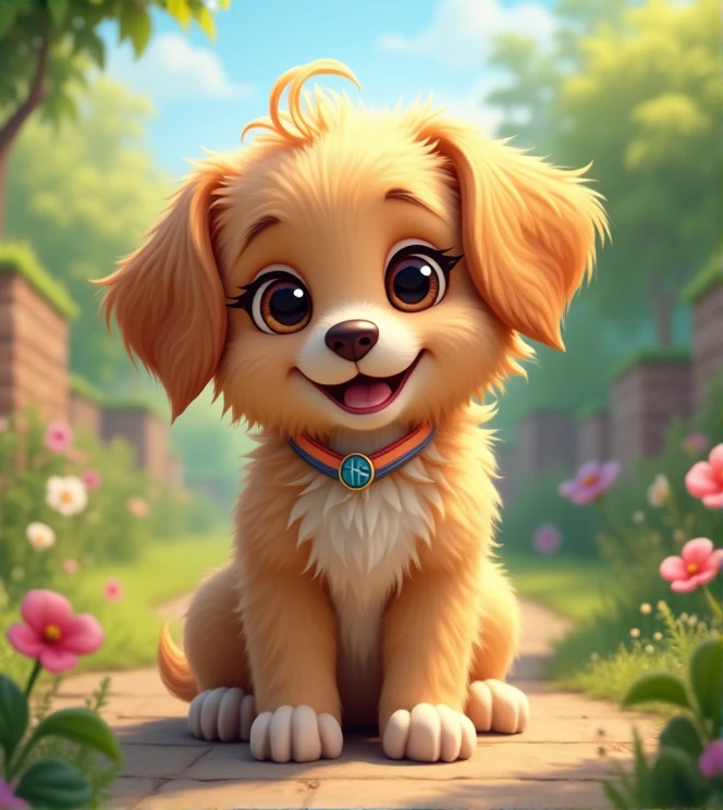 Imagine a lifelike puppy with humorous exaggerated features, oversized, wearing cute clothes, bright eyes and curiosity, smiling, positive image, smiling puppy, Disney style, capturing natural textures, and although its little PAWS are slightly larger, they are cuter. The background is a simple garden with an emphasis on natural colors and some greenery, creating bright colors, long-haired puppies, and fluffy