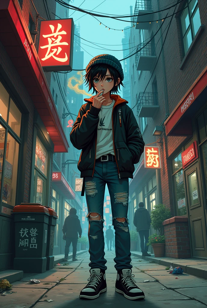 Manga Frieren smoking a cannabis joint, urban street version