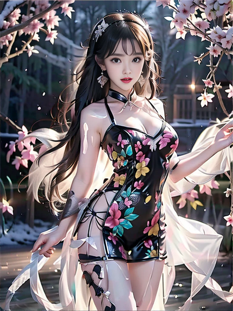 A female model, (Race:Chinese),((night, Street Lights, Creek)), (8K Ultra HD, 8K, Ultra-high resolution, best quality, masterpiece, Surrealism, Digital SLR Camera, Soft Light, Bokeh, Masterpieces), ((((Beautiful model-like face))), (Creating the image of a real girl), warm light, Realistic shadows, Dynamic poses, Elegant Posture, Cowboy lens, Full body front view, Be confident, Body facing the camera, Standing facing the camera, Open your legs slightly, Golden Ratio Graphics, Minimalism), (Happy smile, Big watery eyes, Cherry Blossom, Balanced Eyes, Perfect beautiful face, Normal facial features, Realistic skin, Attention to skin details, Skin is clean and radiant, Whitening, Anatomically correct body, 沙漏型figure, figure, cosmetic, Gloves, earrings, bracelet, necklace, Jewelry, veil, Hair accessories, Headdress, shawl), ((beautiful hair), Reddish-brown hair, Wavy curly hairstyle, Waist-length hair, Messy Hairstyle, Gradient hairstyles, Cyberpunk hairstyle), ((Transparent clothes：1.5), (Color of clothes: Pink background with blue border), Transparent Clothes, See-through clothes, Transparent Clothes, Tulle clothes, Mesh clothes, Transparent sci-fi clothes, Shiny micro bikini bra, (Clothes that accentuate your bust shape)), (Sexy的, Perfect breast shape, Teardrop chest shape, Snow-white breasts, very detailed breasts, 36C cups), (Super high waist, Deep V, Low-cut, Sexy, Flattering, Open crotch, (Camel toe, High fork strangulation)), (sock, Knee socks, 吊garter, Leg ring, garter, 腿部garter), (style:Sexy,Mature), (Wet body:1.0) , (Wet clothes:1.0)