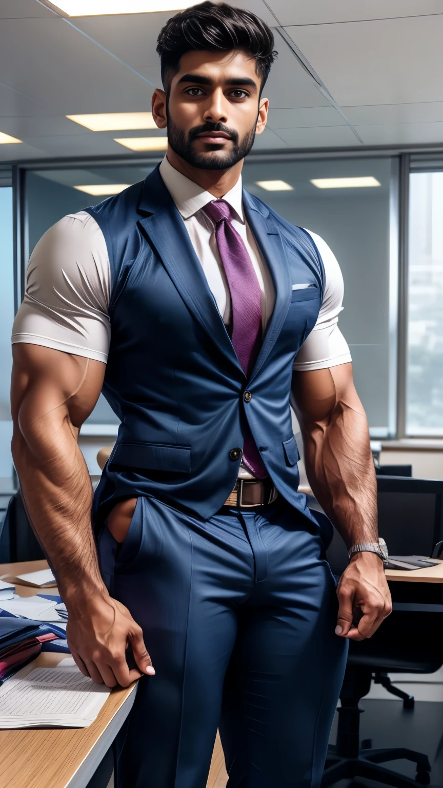 Indian gurjar ARJUN gay man in business suit open pant in underwear, standing in office with spread legs, huge bulge