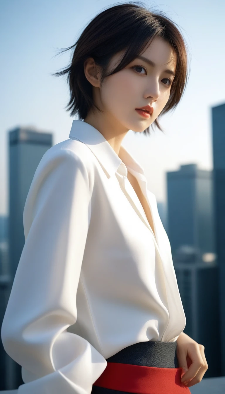 8k, Ultra-high resolution, Highest quality, masterpiece, 三分割法によるphotograph,Surreal, photograph, 1 , (:1.3), cute, cute顔, 細部までBeautiful Eyes, 細かくdetailedに,masterpiece,One Girl:1.2,Japanese women,Female announcer,cowboy shot,glaring,Black short hair,messy hair,from side,(White shirt:1.3),Blazer,Pencil Skirt,Rooftop,white collar,blue sky,Background of skyscrapers,(Beautiful attention to detail),Subtle details, detailedな顔,anger,Attractive eyes,(ポートレートphotograph:1.4),(Photorealistic images:1.4),Fantasy art,(Beautiful Face:1.4),美しくAttractive eyes、Beautiful Eyes,Silver residue,(Tight waist:1.4)、(Beautiful with perfect body proportions:1.4),Pink Lips,profile,(((Ideal body type))),A-cup small breasts :2,、Portraiture:2、Perfect Anatomy、鮮明なdetailed、detailed,Fashion magazine cover,Thin lips,完璧でBeautiful Face ,完璧でcute顔, Skin with attention to detail, Perfect limbs、Narrow waist,Surreal,Light and shadow,sunlight