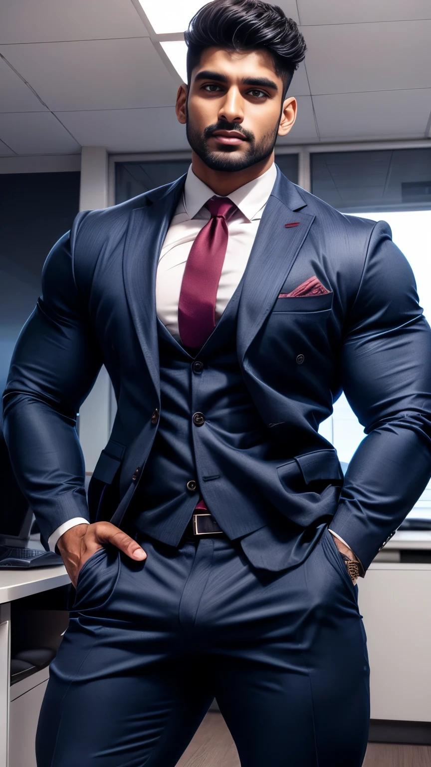 Indian gurjar ARJUN gay man in business suit open pant in underwear, standing in office with spread legs, huge bulge