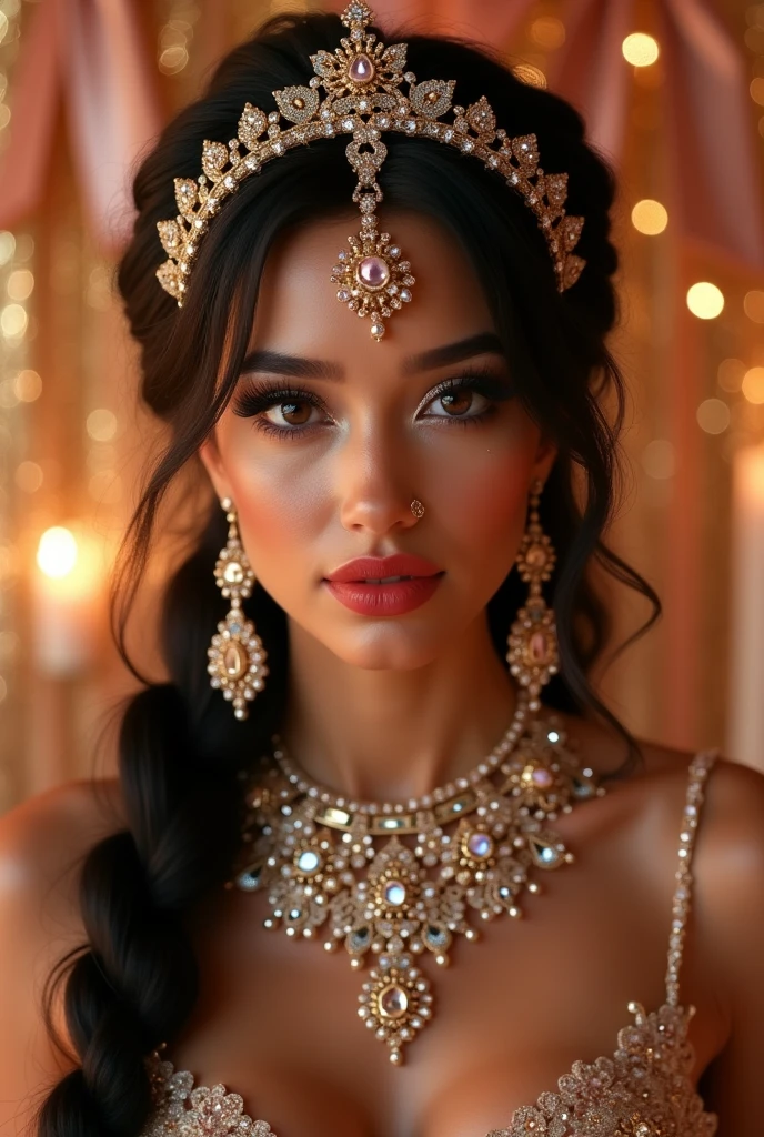   Seductive Princess Girl, expressive sparkling eyes, very long eyelashes, snub nose, plump raspberry lips ,  lush wide braids, kokoshnik, Burga, Tika, filigree arabic jewelry, diamonds, silk bows, glitter, glitter, honeycore, beauty aesthetical girl, glam design, party, a high resolution, Exposure Depth.