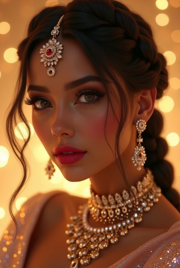 Seductive Princess Girl, expressive sparkling eyes, very long eyelashes, snub nose, plump raspberry lips , lush wide braids, kokoshnik, Burga, Tika, filigree arabic jewelry, diamonds, silk bows, glitter, glitter, honeycore, beauty aesthetical girl, glam design, party, a high resolution, Exposure Depth.