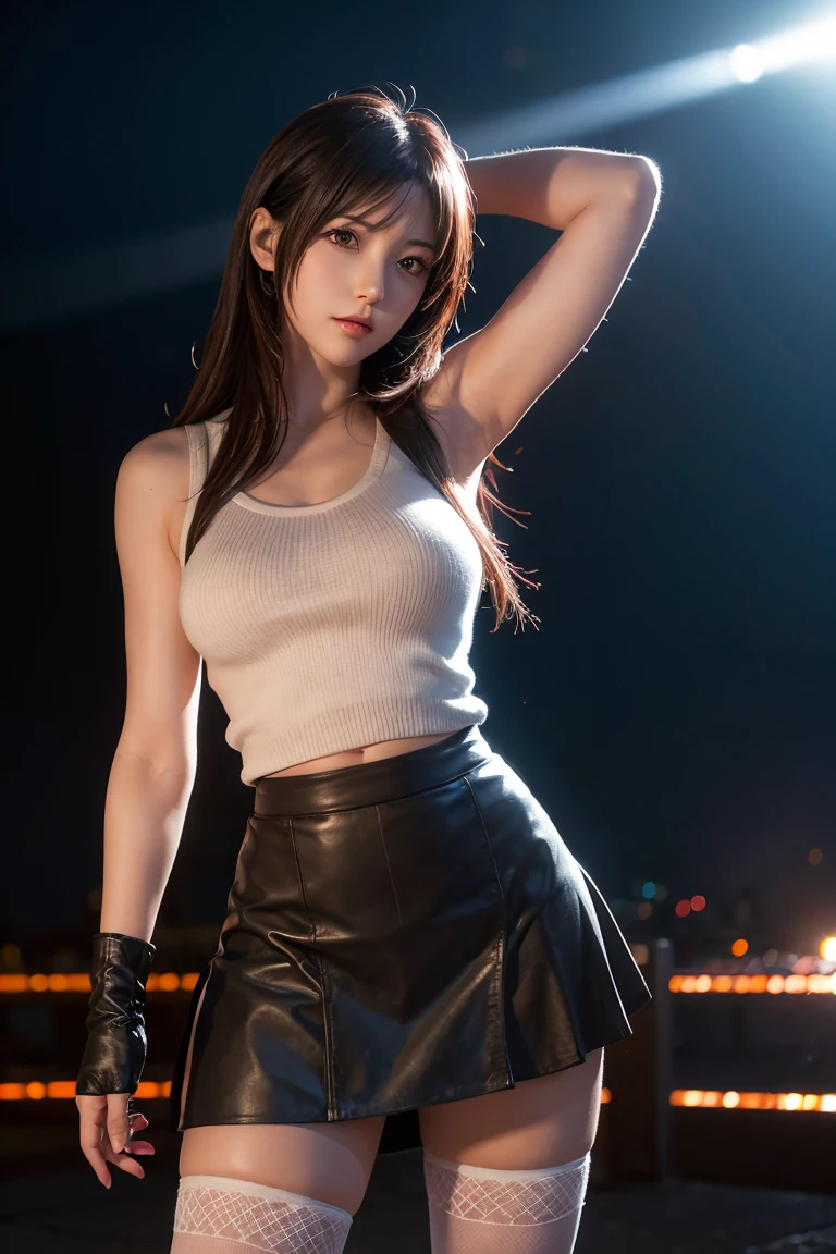 Tifa Lockhart, wallpaper, landscape, Depth of written boundary, night, Particles of light, light, Side lighting, Thighs, skirt, Red eyes, Brown Hair, Thigh-high socks, Arm Sleeves,kick