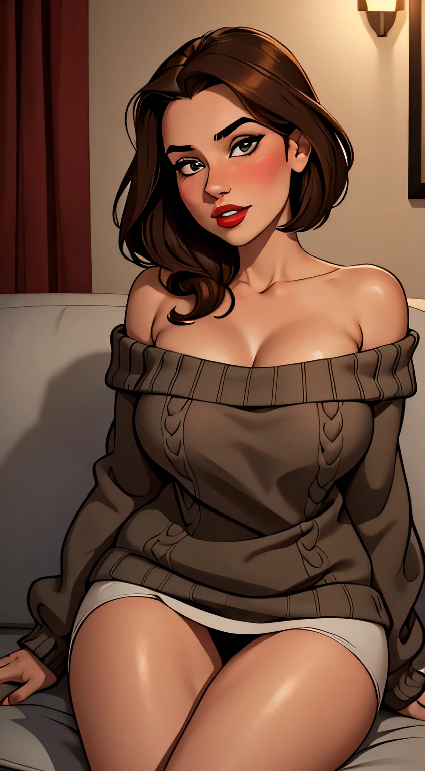 Amazing portrait of a woman who is 30 years old and an adult and a sexy and cute woman who is your best friend's sister who is alone at her  home having a late night gaming session with her brown hair in a short bob style with soft eyes and parted lips with a deep blush wearing an off shoulder oversized grey sweater sitting on a  couch during night time and it's raining outside with warm lighting inside during night time with soft lighting showcasing her red lips and her beautiful face in detail and close up 