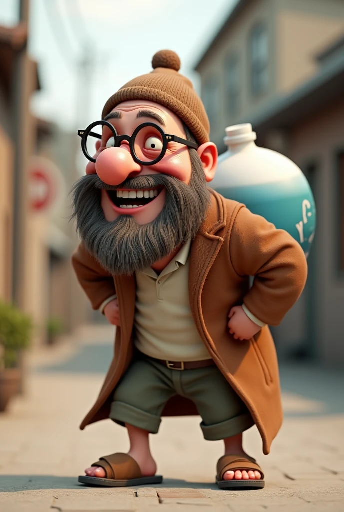 3d caricature photography of a 40 year old man, very big head, a little beard on his chin, wearing a brown beanie, bold glasses, wearing a 3/4 brown robe, wearing cute bear sandals, laughing broadly while carrying a gallon of water on his back
