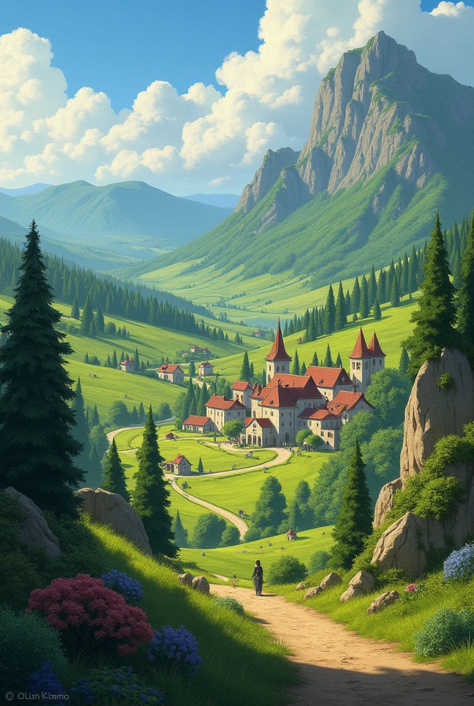 Landscape to match:
the idyllic medieval world of Luminor. A picturesque village, surrounded by fields and forests, that seemed to have come out of a fairy tale book. Here lived the peaceful knights, led by King John, a wise and just ruler. The people were strong and brave, their bodies so powerful, that even bullets could not cause any damage. But they were also friendly and helpful, and the village druid healed everyone with his mysterious herbalism. Luminor supplied the other worlds with food, that grew in their fertile fields.