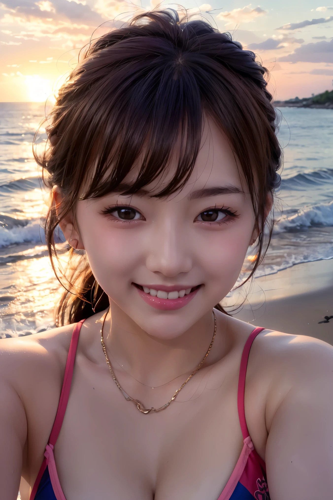 Beach, sunset, Soft lighting, Close-up portrait photo of a cute idol in a swimsuit, Playful pose, smile, Vibrant colors, Realistic, Attention to detail