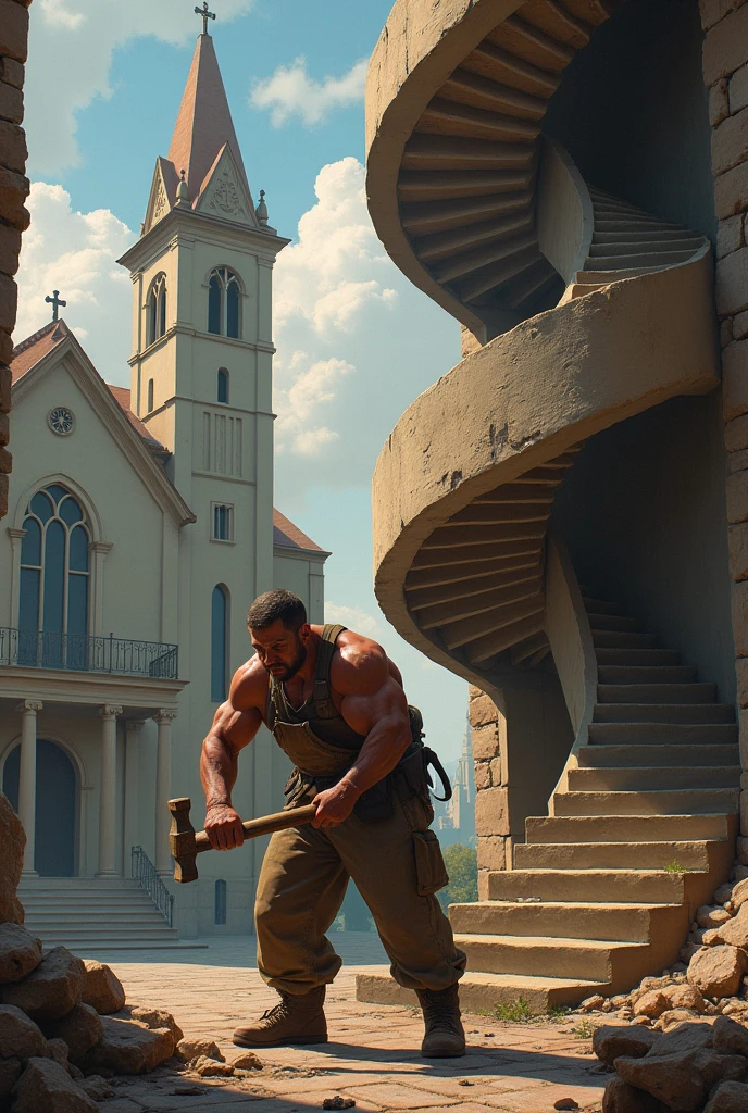 A carpenter with a hammer and pounding with a staircase to left of the chapel and has two 360 degree and no visible means support to the staircase.