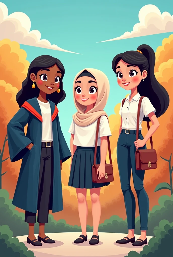 Three women cartoon,
one on the left wearing a graduation uniform (Black hair),
one in the middle wearing a white Highschool uniform with including a hijab
and one on the right wearing an office worker uniform (Black hair)