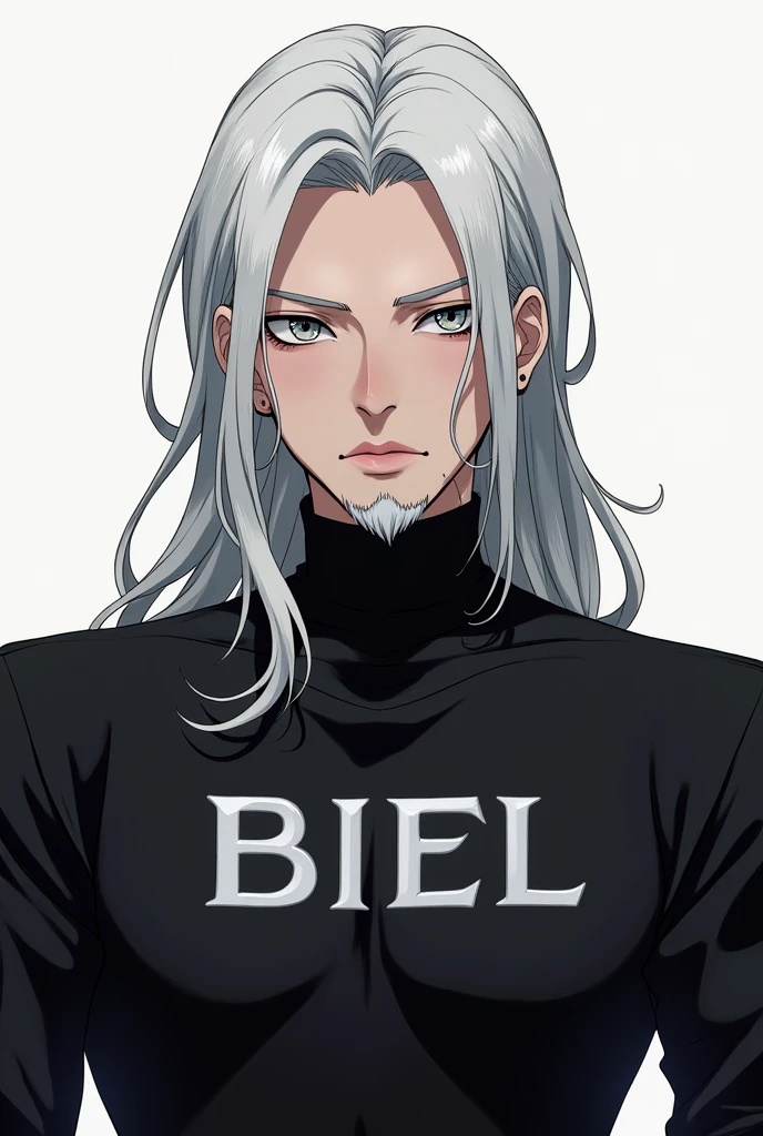 Character male character long white hair and black turtleneck shirt with white name in capital letters Biel a white beard anime theme
