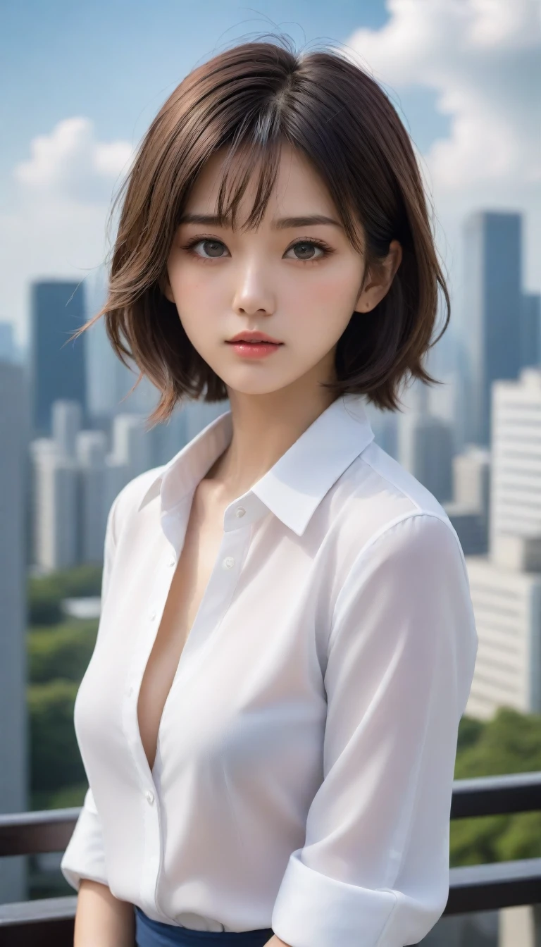 8k, Ultra-high resolution, Highest quality, masterpiece, 三分割法によるphotograph,Surreal, photograph, 1 , (:1.3), cute, cute顔, 細部までBeautiful Eyes, 細かくdetailedに,masterpiece,One Girl:1.2,Japanese women,Female announcer,cowboy shot,glaring,Black short hair,messy hair,from side,(White shirt:1.3),Blazer,Pencil Skirt,Rooftop,white collar,blue sky,Background of skyscrapers,(Beautiful attention to detail),Subtle details, detailedな顔,anger,Attractive eyes,(ポートレートphotograph:1.4),(Photorealistic images:1.4),Fantasy art,(Beautiful Face:1.4),美しくAttractive eyes、Beautiful Eyes,Silver residue,(Tight waist:1.4)、(Beautiful with perfect body proportions:1.4),Pink Lips,profile,(((Ideal body type))),A-cup small breasts :2,、Portraiture:2、Perfect Anatomy、鮮明なdetailed、detailed,Fashion magazine cover,Thin lips,完璧でBeautiful Face ,完璧でcute顔, Skin with attention to detail, Perfect limbs、Narrow waist,Surreal,Light and shadow,sunlight