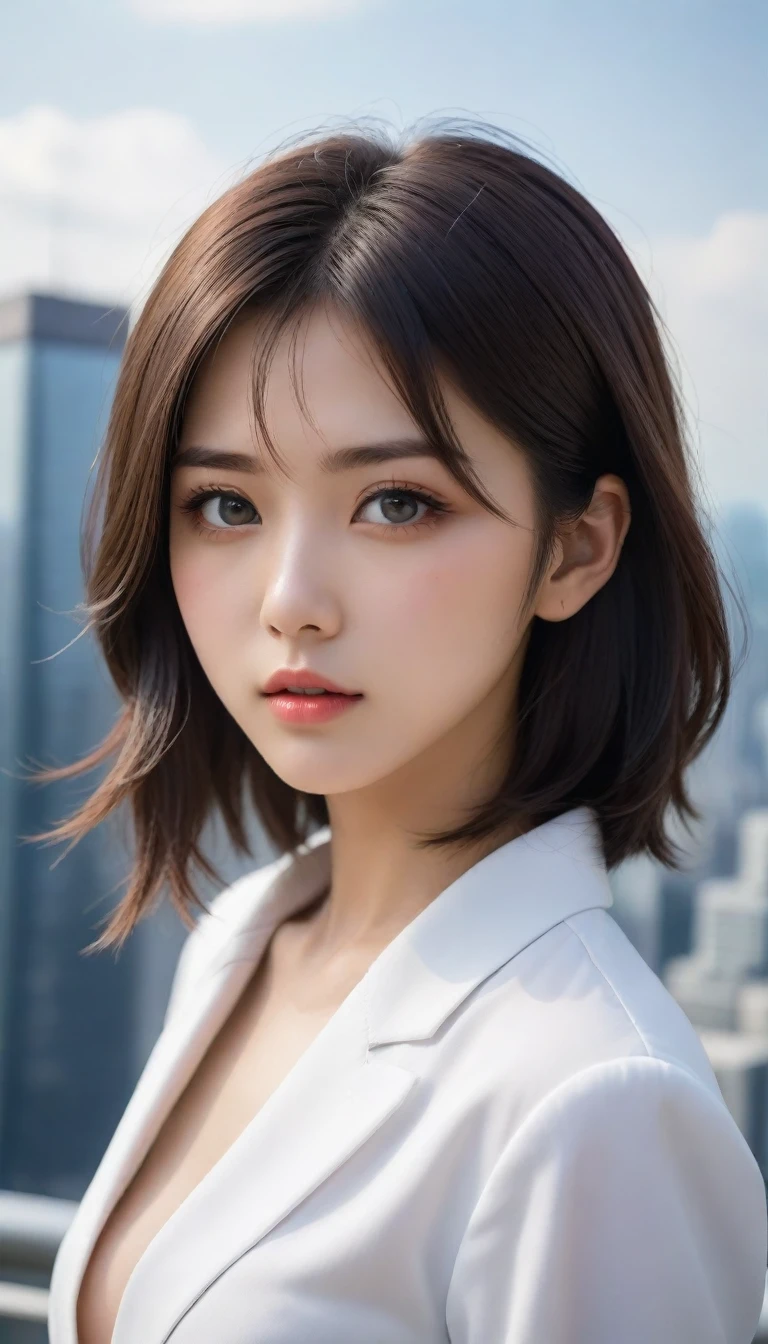 8k, Ultra-high resolution, Highest quality, masterpiece, 三分割法によるphotograph,Surreal, photograph, 1 , (:1.3), cute, cute顔, 細部までBeautiful Eyes, 細かくdetailedに,masterpiece,One Girl:1.2,Japanese women,Female announcer,cowboy shot,glaring,Black short hair,messy hair,from side,(White shirt:1.3),Blazer,Pencil Skirt,Rooftop,white collar,blue sky,Background of skyscrapers,(Beautiful attention to detail),Subtle details, detailedな顔,anger,Attractive eyes,(ポートレートphotograph:1.4),(Photorealistic images:1.4),Fantasy art,(Beautiful Face:1.4),美しくAttractive eyes、Beautiful Eyes,Silver residue,(Tight waist:1.4)、(Beautiful with perfect body proportions:1.4),Pink Lips,profile,(((Ideal body type))),A-cup small breasts :2,、Portraiture:2、Perfect Anatomy、鮮明なdetailed、detailed,Fashion magazine cover,Thin lips,完璧でBeautiful Face ,完璧でcute顔, Skin with attention to detail, Perfect limbs、Narrow waist,Surreal,Light and shadow,sunlight