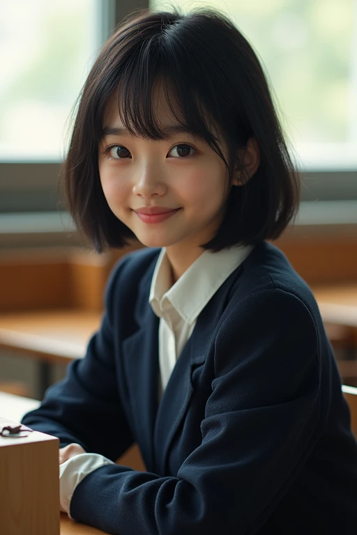 Highest quality, Face Focus, Soft Light, Ultra-high resolution, (Realistic:1.4), RAW Photos, 1 Japan, alone, cute, (A shy smile:0.5), (Brown eyes, Light in your eyes), Beautiful face in every detail, (Small box),(High resolution detail of human skin texture), (Short Bob Hair), break, In the classroom,Navy uniform, Best, skirt