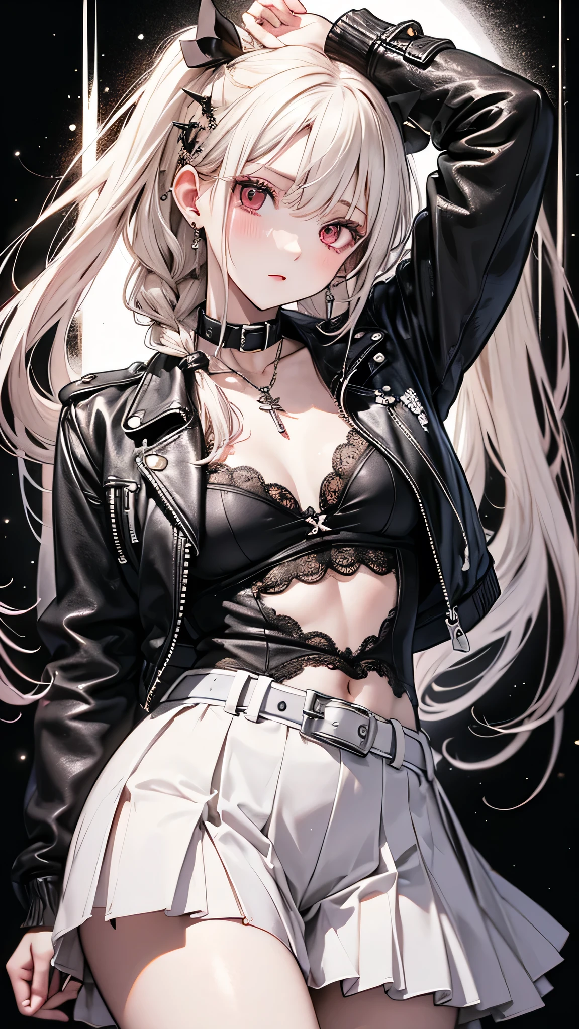 (masterpiece, Highest quality: 1.2), night, Highly detailed face, The real picture, Realistic Skin, Realistic body, Intricate details), Red eyes, (Intimidating look), A slight blush, Black leather jacket, Half-open button-up shirt (white), whiteいブラジャー, skirt, 黒 belt with buckle, Beautiful long hair (Stick to braids), Mid-chest, Slender beauty,