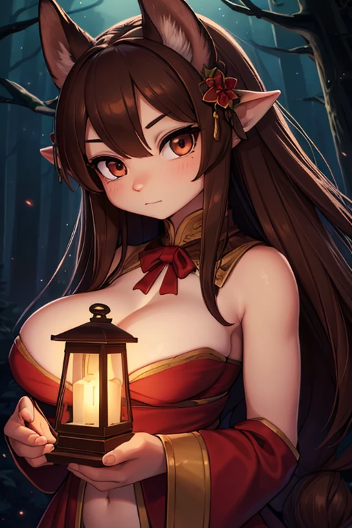 ((Highest quality)), ((masterpiece)), 1 person, Brown Hair, Brown eyes,Long Hair, Detailed face, Beautiful Eyes, Night forest background,Holding a lantern in one hand,tall,Grown-up,Big Breasts,Beast Girl