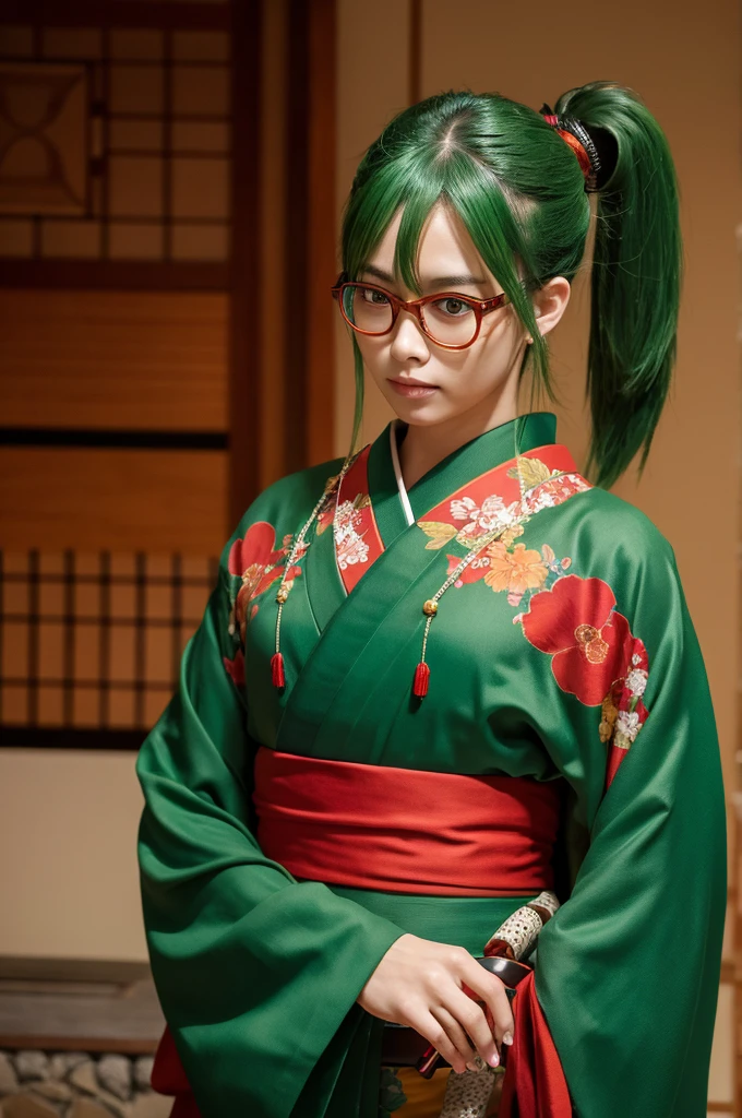 Man, Japanese sword, ponytail, green hair, red eyes, all-red kimono, chained glasses, tortoise shell