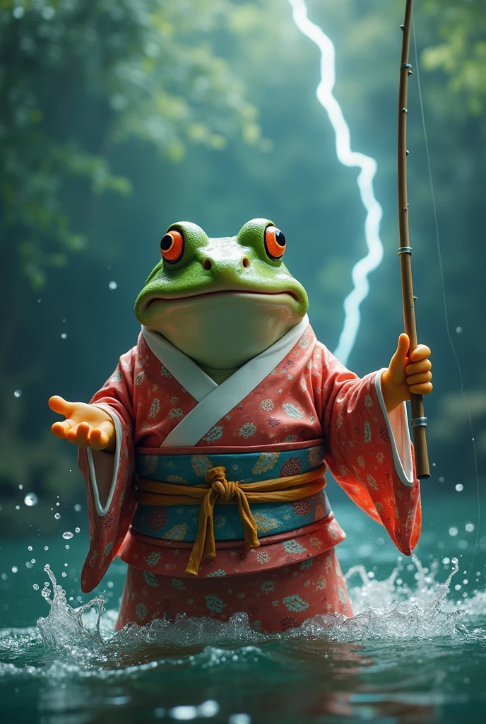 theme：Scene of fishing, realistic photo, A giant fish wearing a kimono, fishing、In the bath、The best happy performance、be happy、smile、big lightning,　Frog floating in the air