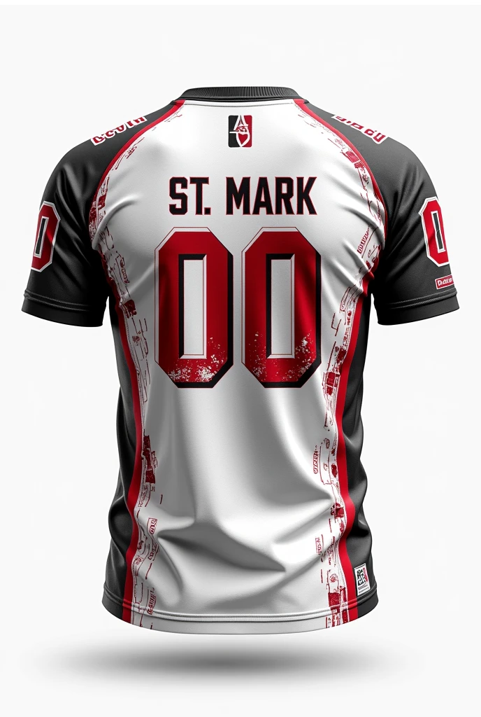 Back of the T-shirt:
Color: White
Design: The back of the T-shirt should include a customizable jersey design with large "00" numbers. The numbers should be in a bold, sporty font and be changeable. Above the numbers, add the text "St. Mark" in a bold, stylish font that stands out. The rest of the back can feature random design elements, such as abstract patterns or graphics, to add uniqueness to each shirt.