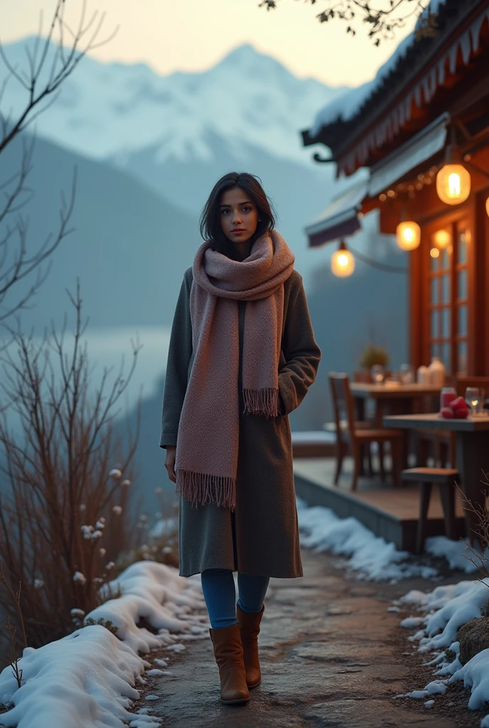 (photorealism:1.2), On a chilly evening, the Indian 20 year old lady is bundled up in a stylish woolen shawl and ankle-length boots, standing in front of a cozy hill station café, with misty mountains in the background