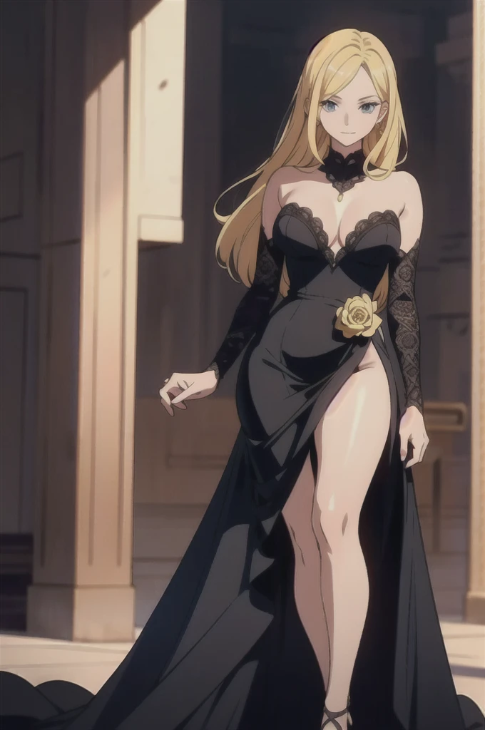 Create an image of a gender-swapped version of Sanji from One Piece, depicted as an elegant and sophisticated young woman. She has long, flowing blonde hair that cascades down her back, with a few loose strands framing her face, perfectly capturing her refined and graceful demeanor. Her bright blue eyes are sharp and alluring, radiating confidence and charm.

She is dressed in a stunning, form-fitting dress that accentuates her slender figure and adds a touch of feminine elegance. The dress is a deep, rich color, perhaps a classic black or a bold red, designed with intricate details such as lace or subtle embroidery. The neckline is tasteful and flattering, highlighting her collarbones, while the dress itself hugs her curves, flowing down to just above the knee. The fabric of the dress has a slight sheen, giving it a luxurious appearance.

Her footwear consists of stylish heels that add height and further enhance her elegant posture. She might be holding a small clutch or have one hand resting lightly on her hip, exuding poise and sophistication. Her expression is composed and confident, with a slight smile that hints at her charming and charismatic personality.

Every detail, from the flowing texture of her hair to the intricate design of the dress, is rendered with the utmost care. The image should be visually stunning and captured in 8K resolution, ensuring every aspect of her appearance is portrayed with flawless quality, resulting in a perfect and captivating representation of female Sanji in a beautiful dress