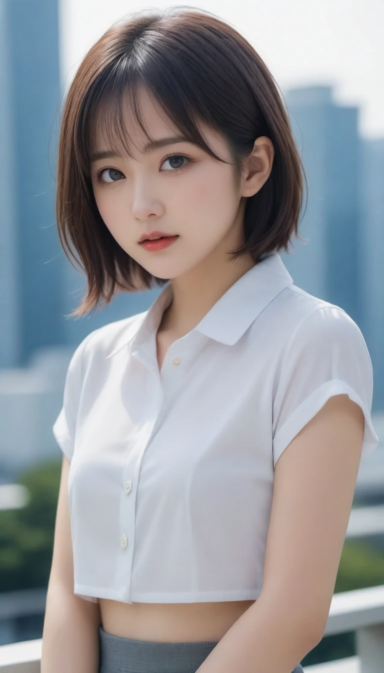 8k, Ultra-high resolution, Highest quality, masterpiece, 三分割法によるphotograph,Surreal, photograph, 1 , (:1.3), cute, cute顔, 細部までBeautiful Eyes, 細かくdetailedに,masterpiece,One Girl:1.2,Japanese women,Female announcer,cowboy shot,glaring,Black short hair,messy hair,from side,(White shirt:1.3),Blazer,Pencil Skirt,Rooftop,white collar,blue sky,Background of skyscrapers,(Beautiful attention to detail),Subtle details, detailedな顔,anger,Attractive eyes,(ポートレートphotograph:1.4),(Photorealistic images:1.4),Fantasy art,(Beautiful Face:1.4),美しくAttractive eyes、Beautiful Eyes,Silver residue,(Tight waist:1.4)、(Beautiful with perfect body proportions:1.4),Pink Lips,profile,(((Ideal body type))),A-cup small breasts :2,、Portraiture:2、Perfect Anatomy、鮮明なdetailed、detailed,Fashion magazine cover,Thin lips,完璧でBeautiful Face ,完璧でcute顔, Skin with attention to detail, Perfect limbs、Narrow waist,Surreal,Light and shadow,sunlight
