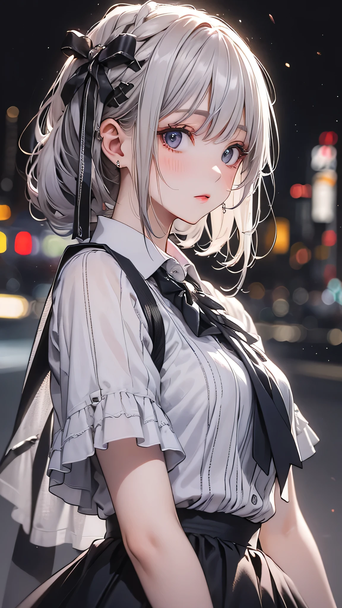 (8k, RAW Photos, masterpiece:1.3), (Realistic, photo-Realistic:1.37), (night), (View your viewers:1.331), (Gray Hair), Pause, Tokyo Street, nightcityscape, Cyberpunk City, Soft Light, One person, Very beautiful face, bust, Put your hands down, Random hairstyle, Random representation, Big eyes, Lower abdomen, (Short sleeve .JK_shirt), JK_style, (dark blue JK_skirt), (bow JK_tie), Mix 4., Highest quality
