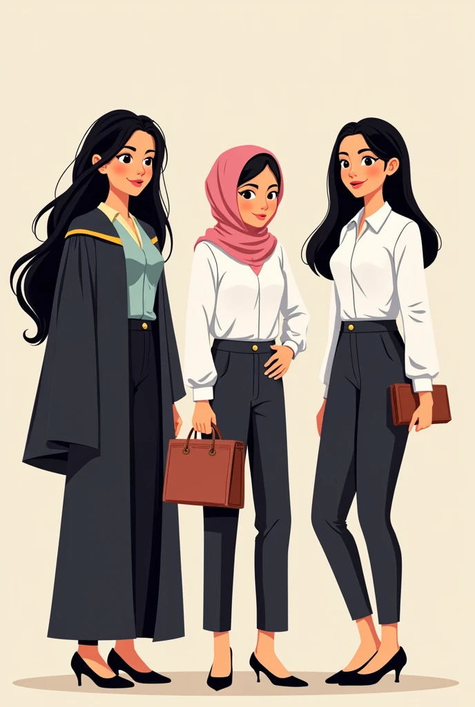 Three cartoon women, 
one on the left wearing a graduation uniform (Black hair),
one in the middle wearing a white Highschool uniform with including a hijab 
and one on the right wearing an office worker uniform (Black hair)