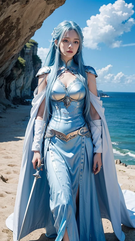 “A single girl with long, light blue hair, adorned with decorative art, in a masterpiece-quality image. The scene is highly detailed, anatomically accurate, with a focus on precision and texture. The girl has large blue eyes, large chest, and textured skin, all depicted in ultra-high resolution, with a focus on realism and high-quality rendering. She wears a beautifully sculpted blue armor with white and yellow details, holding a large sword. The background features a dramatic cliffside by the sea, captured in a 360° view with fluorescent lighting, rendered in 8k Octane for maximum detail and quality.”