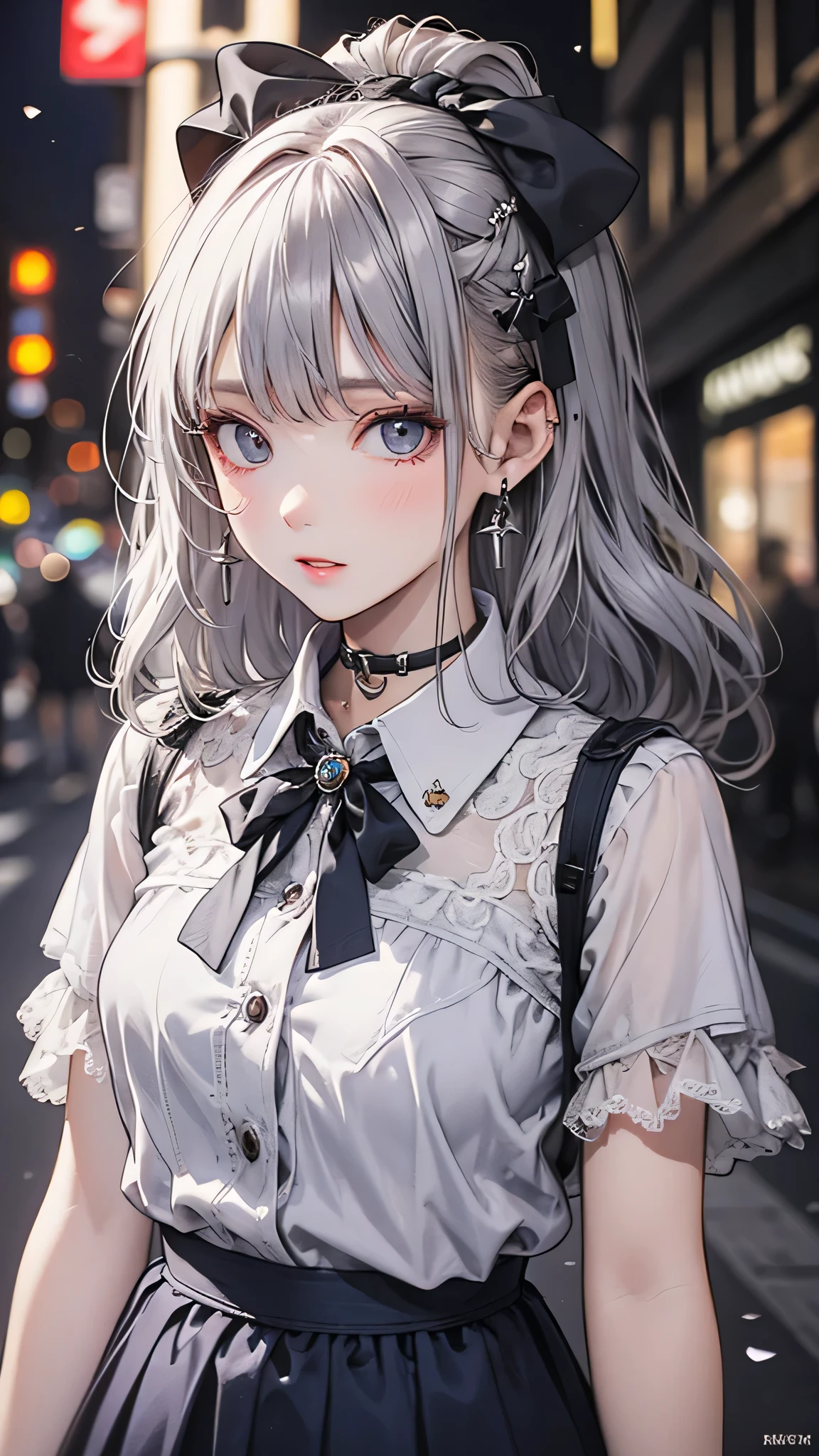 (8k, RAW Photos, masterpiece:1.3), (Realistic, photo-Realistic:1.37), (night), (View your viewers:1.331), (Gray Hair), Pause, Tokyo Street, nightcityscape, Cyberpunk City, Soft Light, One person, Very beautiful face, bust, Put your hands down, Random hairstyle, Random representation, Big eyes, Lower abdomen, (Short sleeve .JK_shirt), JK_style, (dark blue JK_skirt), (bow JK_tie), Mix 4., Highest quality