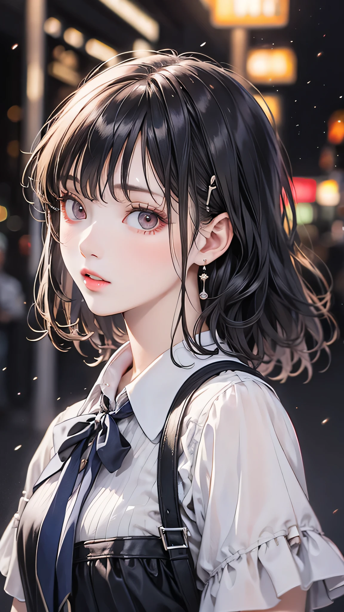 (8k, RAW Photos, masterpiece:1.3), (Realistic, photo-Realistic:1.37), (night), (View your viewers:1.331), (Gray Hair), Pause, Tokyo Street, nightcityscape, Cyberpunk City, Soft Light, One person, Very beautiful face, bust, Put your hands down, Random hairstyle, Random representation, Big eyes, Lower abdomen, (Short sleeve .JK_shirt), JK_style, (dark blue JK_skirt), (bow JK_tie), Mix 4., Highest quality