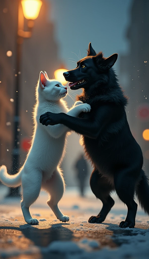 The white cat jumped up and kicked the black dog in the face on a cold evening street corner., there are street lights