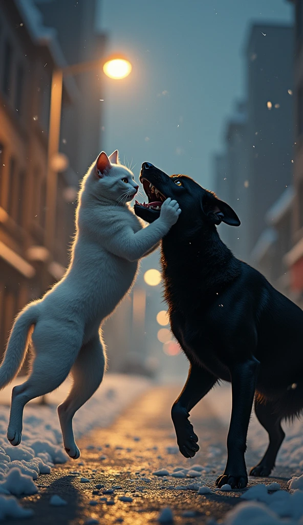 The white cat jumped up and kicked the black dog in the face on a cold evening street corner., there are street lights