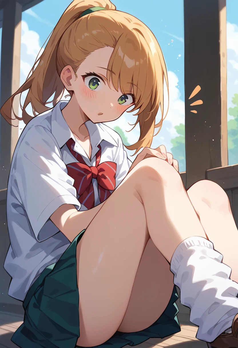 masterpiece, (score_9,score_8_up,score_7_up,score_6_up), 1 girl, green eyes, little sassy, skinny, tsurime, asymmetrical bangs, high ponytail, (blond hair:1.3), (school uniform), (white collared shirt, plain pattern shirt, short sleeves, shirt tucked in:1), (red plain pattern narrow neck ribbon:1.1), brown loafers,
white loose socks,
bare feet, thigh, teeth, blush,surprised, looking at viewers, 