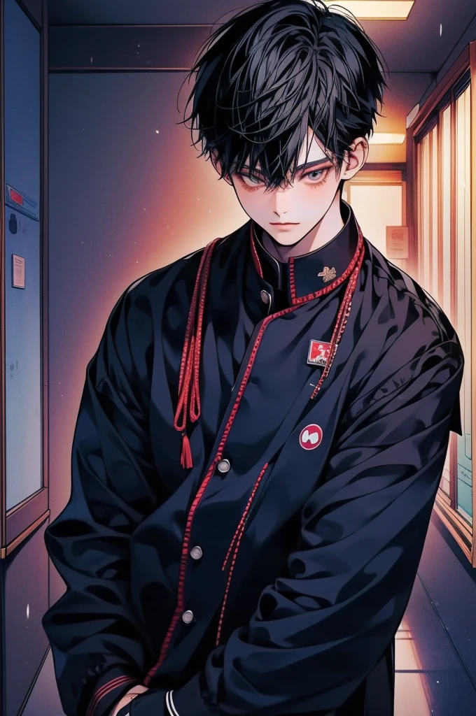 17-year-old Japanese high school boy, short black hair, natural looking, wearing a standard navy blue gakuran (Japanese male school uniform), standing in a classroom or school hallway, friendly smile, realistic anime style consistent with the other two characters