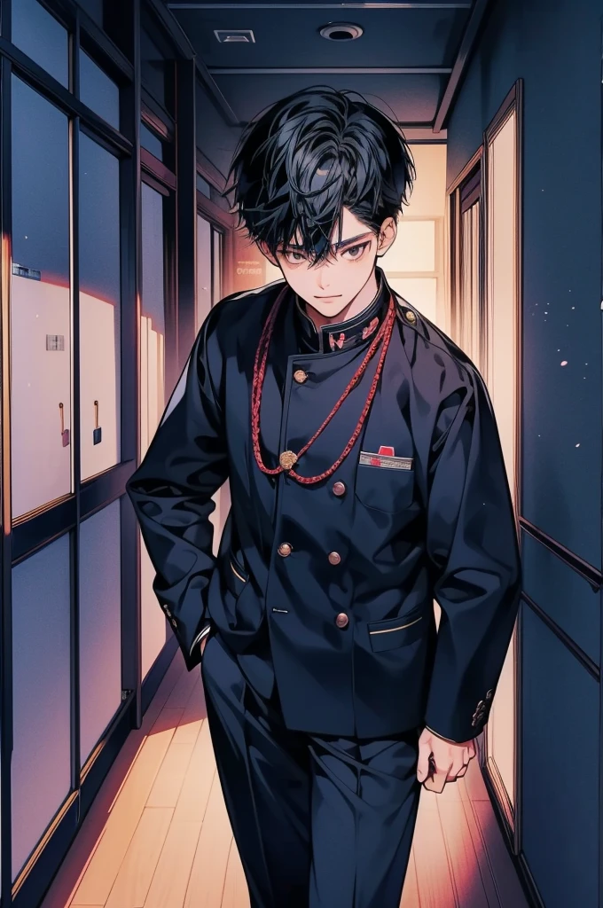 17-year-old Japanese high school boy, short black hair, natural looking, wearing a standard navy blue gakuran (Japanese male school uniform), standing in a classroom or school hallway, friendly smile, realistic anime style consistent with the other two characters