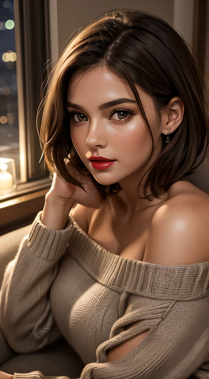 Amazing portrait of a woman who is 30 years old and an adult and a sexy and cute woman who is your best friend's sister who is alone at her home having a late night gaming session with her brown hair in a short bob style with soft eyes and parted lips with a deep blush wearing an off shoulder oversized grey sweater sitting on a couch during night time and it's raining outside with warm lighting inside during night time with soft lighting showcasing her red lips and her beautiful face in detail and close up
