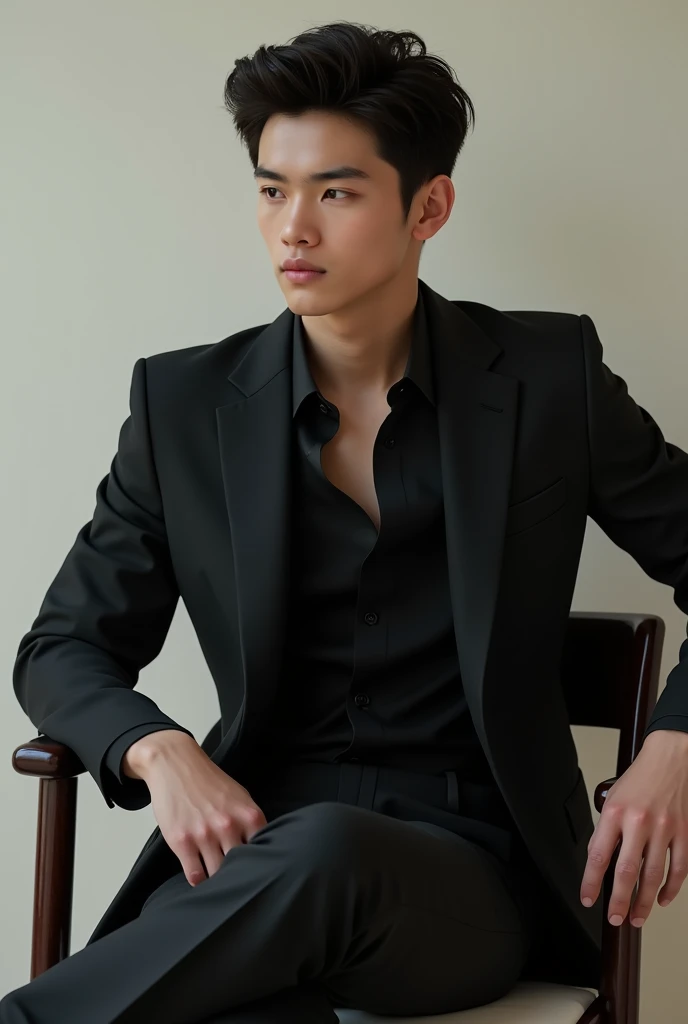 A 17 year old boy in black suit is sitting in a chair . Trund his face into left sight . And giving a stylish pose
More realistic. Without highlights 
