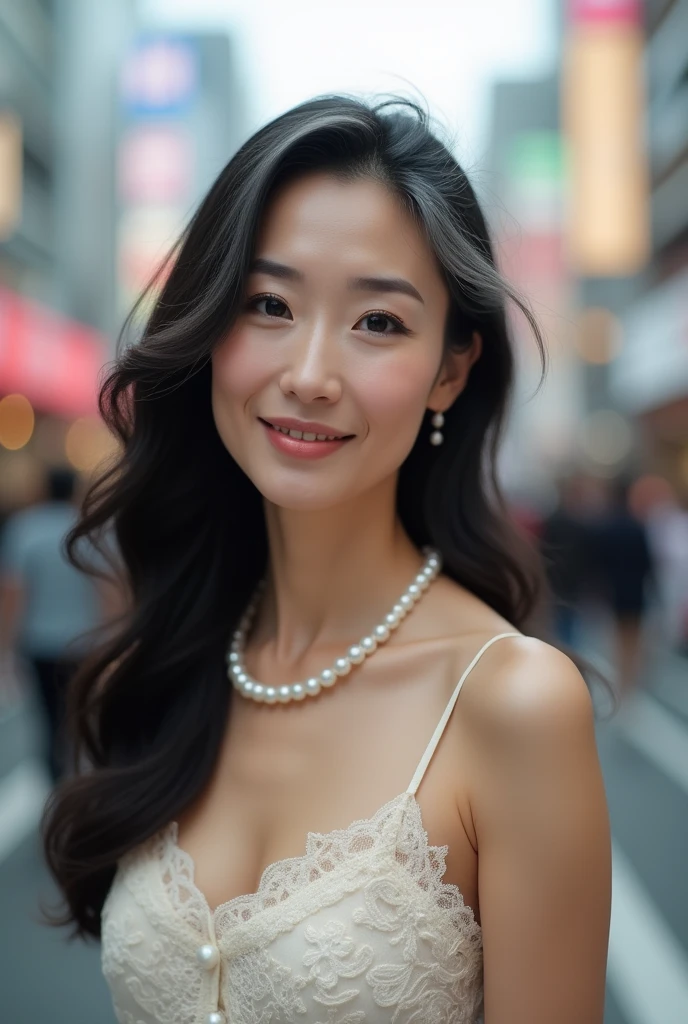 High quality, 4K, Japanese, female, 5, black hair with a little bit of gray, lightly curled long hair, wrinkles at the corners of the eyes, nasolabial folds, pearl necklace, large bust, off-white thin lace camisole, smiling, looking at the camera, sharp gaze, Shibuya Scramble Crossing in the background,
